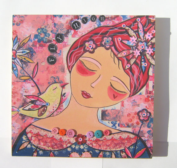 Wood mounted print wall art Fly High large 10 x 10 inch hand worked