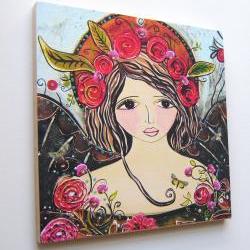 Wood mounted print wall art Flora folk art angel large 10 x 10 inch hand worked